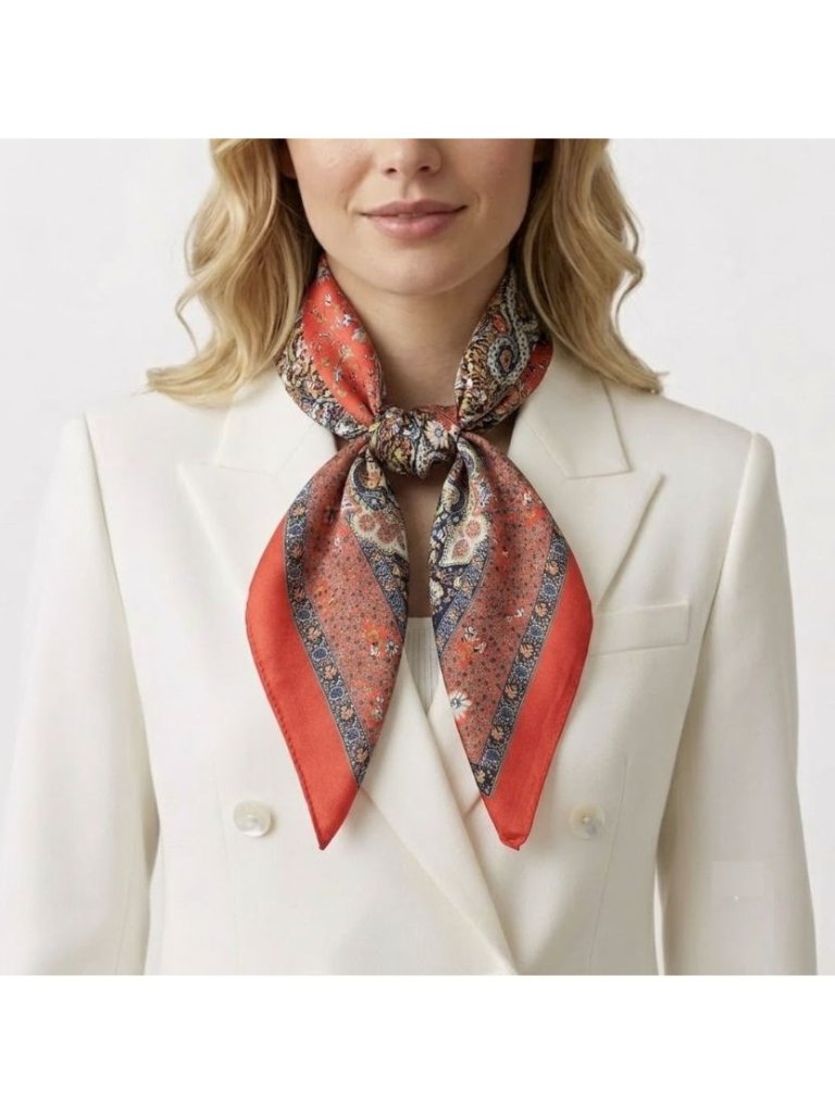Elegant Paisley Silk Scarf Square Orange Red Floral Neck Head Wrap Luxurious